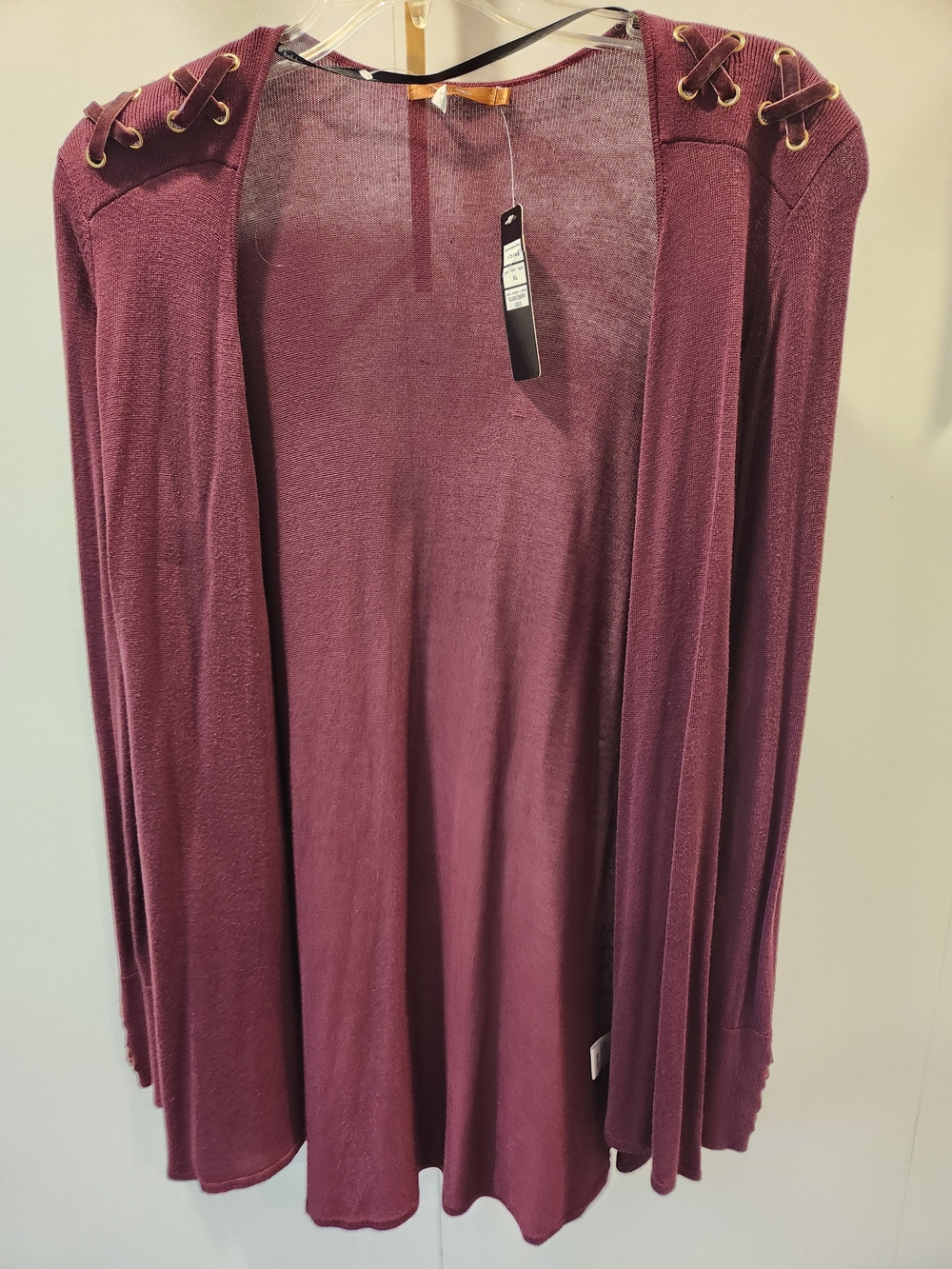 Belldini Black Cherry Open-Front Lace Shoulder Cardigan